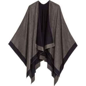 Women’s Shawl Wrap Poncho Ruana Cape Cardigan Sweater Open Front for Fall Winter(Border Design – Navy and Dark Gray)