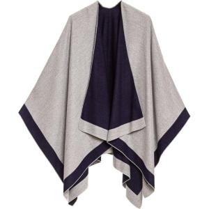 Women’s Shawl Wrap Poncho Ruana Cape Cardigan Sweater Open Front for Fall Winter(Border Design – Navy and Light Gray)