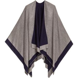 Women’s Shawl Wrap Poncho Ruana Cape Cardigan Sweater Open Front for Fall Winter(Border Design – Navy and Medium Gray)
