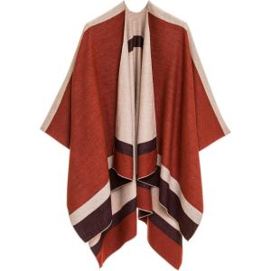 Women’s Shawl Wrap Poncho Ruana Cape Cardigan Sweater Open Front for Fall Winter(Border Design – Orange and Beige)