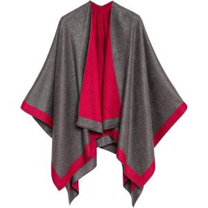 Women’s Shawl Wrap Poncho Ruana Cape Cardigan Sweater Open Front for Fall Winter(Border Design – Red and Gray)