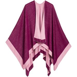 Women’s Shawl Wrap Poncho Ruana Cape Cardigan Sweater Open Front for Fall Winter(Border Design – Violet and Pink)