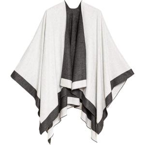 Women’s Shawl Wrap Poncho Ruana Cape Cardigan Sweater Open Front for Fall Winter(Border Design – White and Gray)