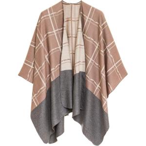 Women’s Shawl Wrap Poncho Ruana Cape Cardigan Sweater Open Front for Fall Winter(Checker Design – Beige With Border)