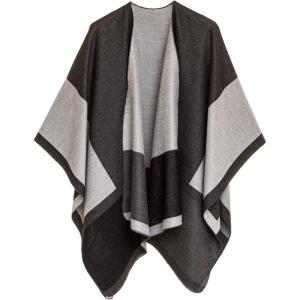 Women’s Shawl Wrap Poncho Ruana Cape Cardigan Sweater Open Front for Fall Winter(Geometric Design – Double Gray)