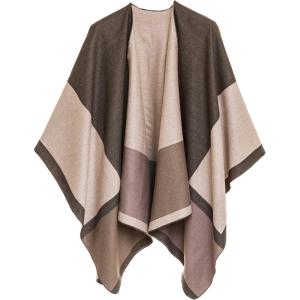 Women’s Shawl Wrap Poncho Ruana Cape Cardigan Sweater Open Front for Fall Winter(Geometric Design – Green and Beige)