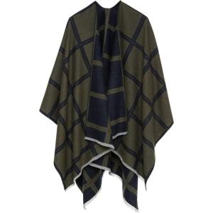 Women’s Shawl Wrap Poncho Ruana Cape Cardigan Sweater Open Front for Fall Winter(Plaid Design – Navy Green)