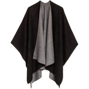 Women’s Shawl Wrap Poncho Ruana Cape Cardigan Sweater Open Front for Fall Winter(Solid Design – Black and Gray)