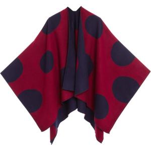 Women’s Shawl Wrap Poncho Ruana Cape Cardigan Sweater Open Front for Fall Winter(Spanish Design – 3 Polka Dots Red Navy)