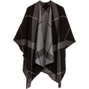 Women’s Shawl Wrap Poncho Ruana Cape Cardigan Sweater Open Front for Fall Winter(Stripe Design – Black and Gray)