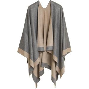 Women’s Shawl Wrap Poncho Ruana Cape Cardigan Sweater Open Front for Travel Flight Cruises(Border Design – Beige Light Gray)