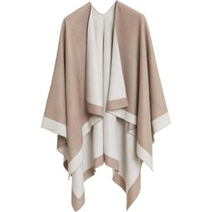 Women’s Shawl Wrap Poncho Ruana Cape Cardigan Sweater Open Front for Travel Flight Cruises(Border Design – Beige White)