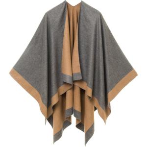 Women’s Shawl Wrap Poncho Ruana Cape Cardigan Sweater Open Front for Travel Flight Cruises(Border Design – Gray Khaki)