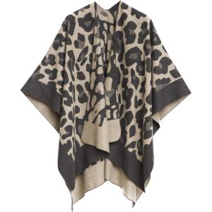 Women’s Shawl Wrap Poncho Ruana Cape Cardigan Sweater Open Front for Travel Flight Cruises(Leopard Design – Beige Gray)