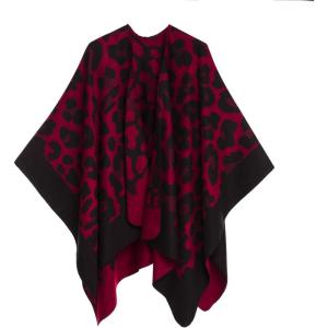 Women’s Shawl Wrap Poncho Ruana Cape Cardigan Sweater Open Front for Travel Flight Cruises(Leopard Design – Black Red)