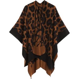 Women’s Shawl Wrap Poncho Ruana Cape Cardigan Sweater Open Front for Travel Flight Cruises(Leopard Design – Brown Black)