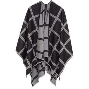 Women’s Shawl Wrap Poncho Ruana Cape Cardigan Sweater Open Front for Travel Flight Cruises(Plaid Design – Black Gray)