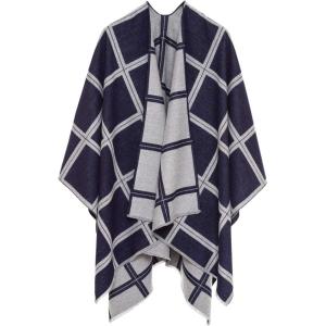 Women’s Shawl Wrap Poncho Ruana Cape Cardigan Sweater Open Front for Travel Flight Cruises(Plaid Design – Navy Gray)