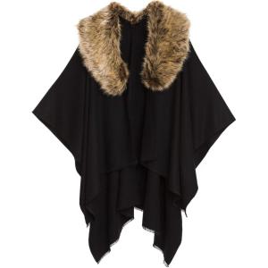 Women’s Shawl Wrap Poncho Ruana Cape Cardigan Sweater Open Front for Travel Flight Cruises(Solid Color With Fur – Black)