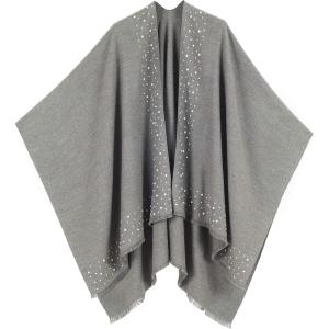 Women’s Shawl Wrap Poncho Ruana Cape Cardigan Sweater Open Front for Travel Flight Cruises(Solid Color With Pearl – Gray)
