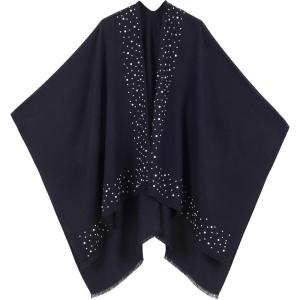 Women’s Shawl Wrap Poncho Ruana Cape Cardigan Sweater Open Front for Travel Flight Cruises(Solid Color With Pearl – Navy Blue)