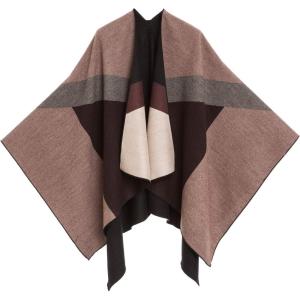 Women’s Shawl Wrap Poncho Ruana Cape Cardigan Sweater Open Front for Travel Flight Cruises(Spanish Design – 1 Geometric Brown Gray)
