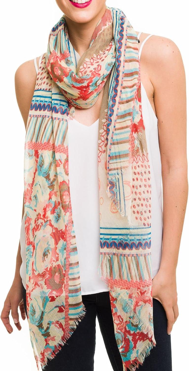 imageMELIFLUOS DESIGNED IN SPAIN Scarf for Women Lightweight Floral Flower Scarves for Summer Fall Shawl WrapBarcelona Collection 3 Beige Flower Design