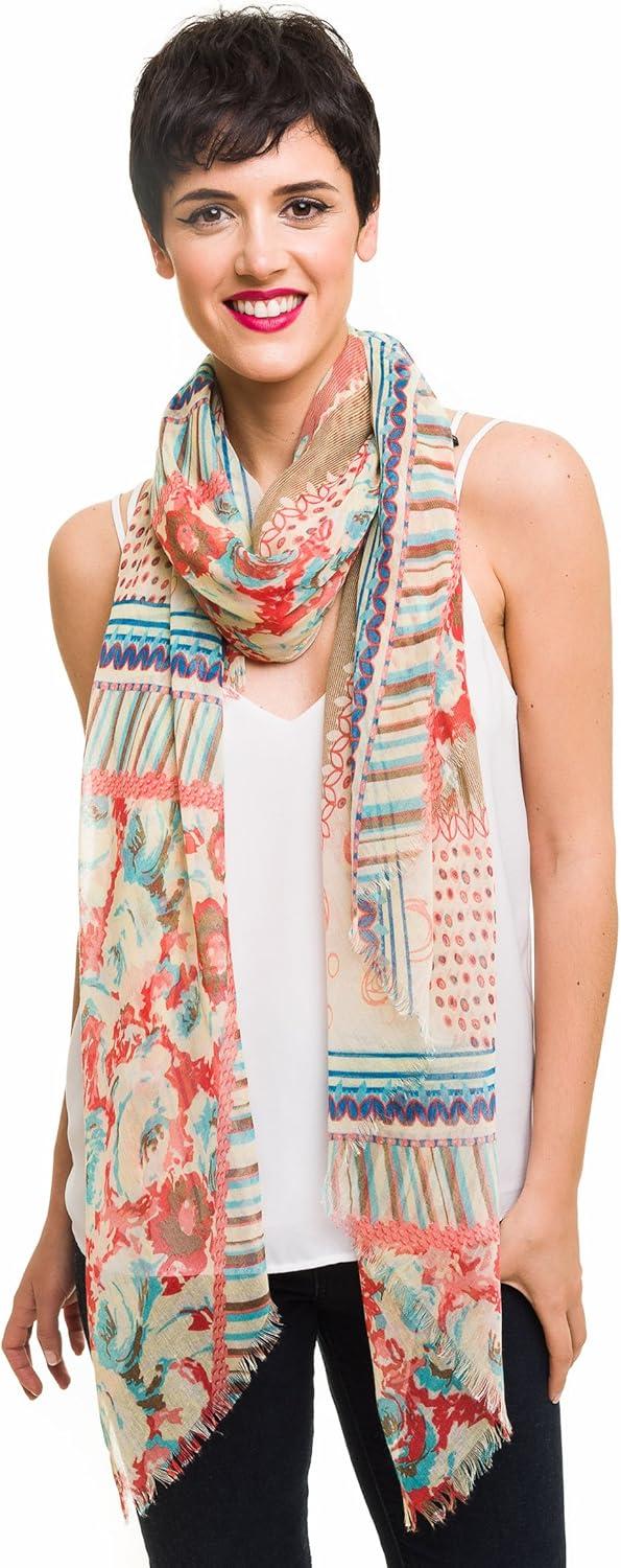 imageMELIFLUOS DESIGNED IN SPAIN Scarf for Women Lightweight Floral Flower Scarves for Summer Fall Shawl WrapBarcelona Collection 3 Beige Flower Design