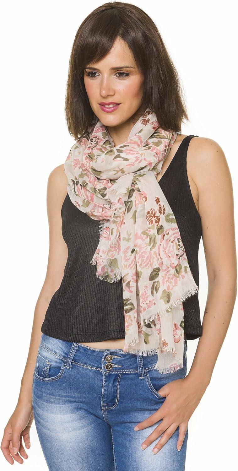 imageMELIFLUOS DESIGNED IN SPAIN Scarf for Women Lightweight Floral Flower Scarves for Summer Fall Shawl WrapBarcelona Collection 4 Beige Pink Floral
