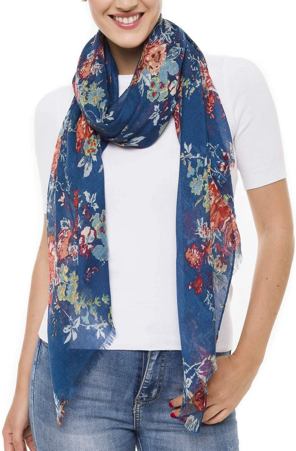 imageMELIFLUOS DESIGNED IN SPAIN Scarf for Women Lightweight Floral Flower Scarves for Summer Fall Shawl WrapBarcelona Collection 8 Blue Elegant Floral