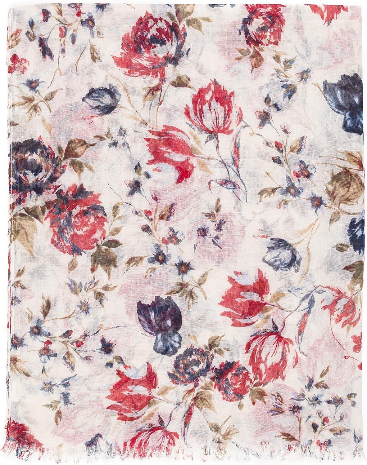 imageMELIFLUOS DESIGNED IN SPAIN Scarf for Women Lightweight Floral Flower Scarves for Summer Fall Shawl WrapBarcelona Collections 15 Beige Red Flower