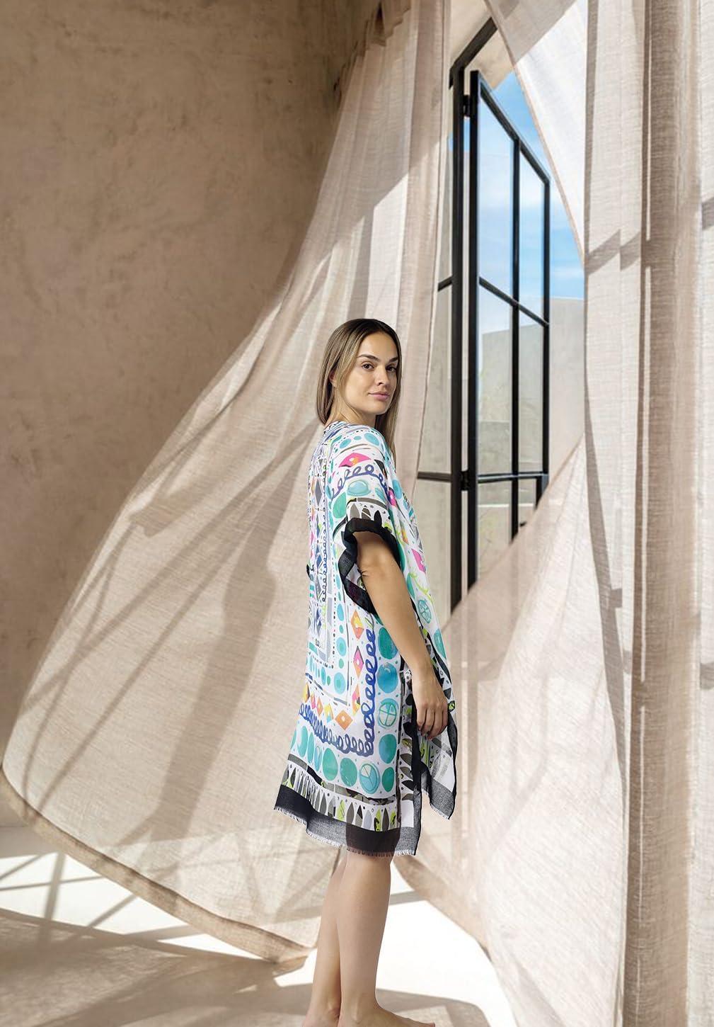 imageMELIFLUOS DESIGNED IN SPAIN Womens Beach Cover Up Swimsuit Kimono Pareo Sarong Beach Wear Dress for SummerMarbella Collection 2 Geometric Design Black White