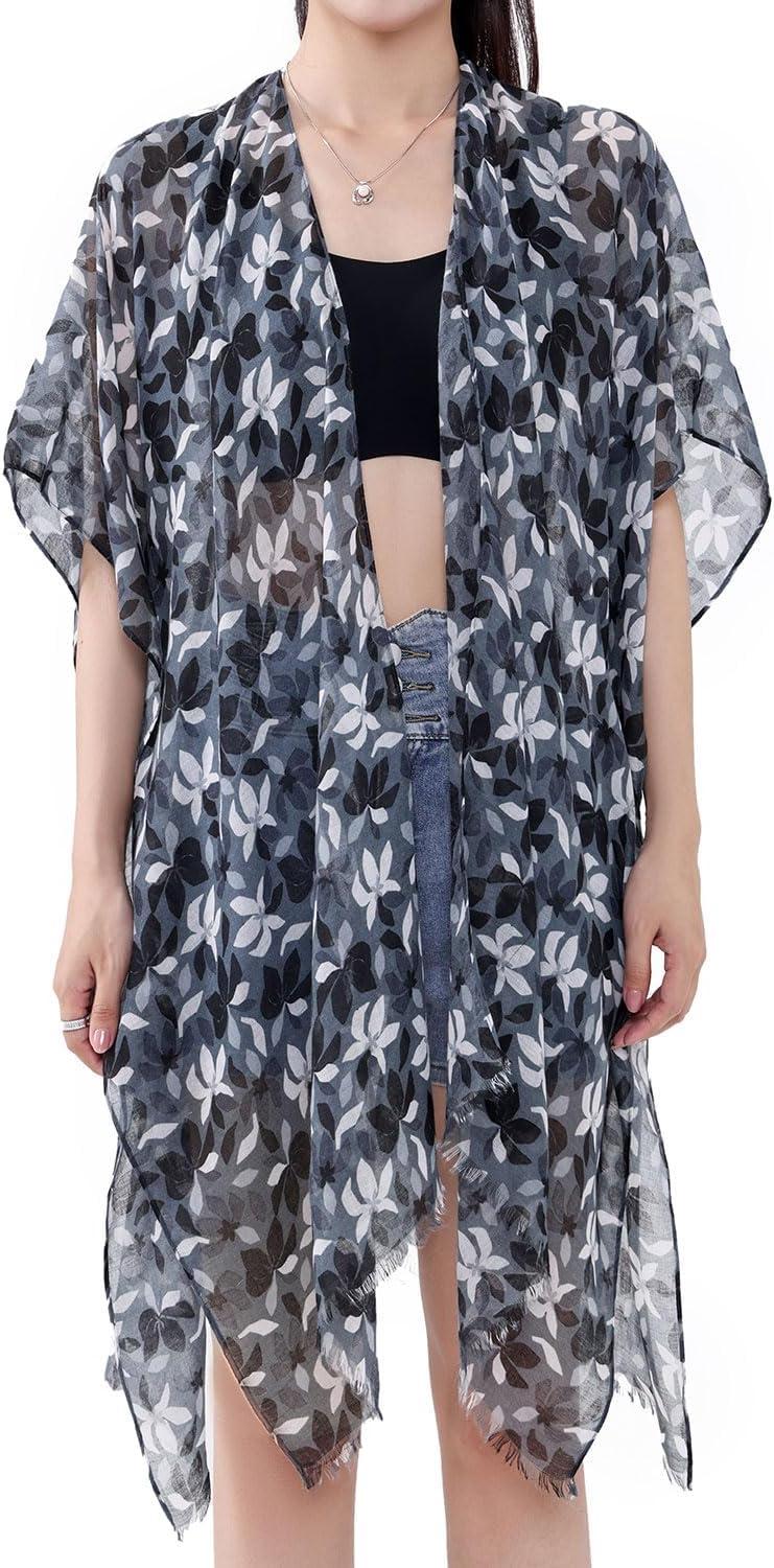 imageMELIFLUOS DESIGNED IN SPAIN Womens Beach Cover Up Swimsuit Kimono Pareo Sarong Beach Wear Dress for SummerMarbella Collection 2 Gray Floral Pattern