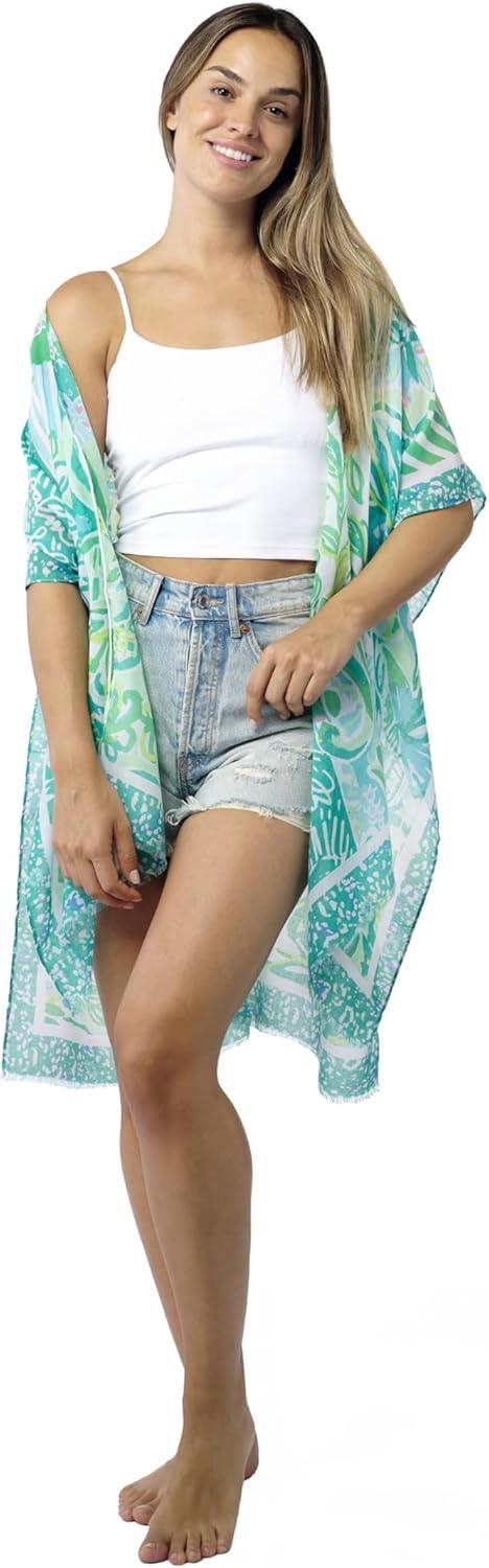 imageMELIFLUOS DESIGNED IN SPAIN Womens Beach Cover Up Swimsuit Kimono Pareo Sarong Beach Wear Dress for SummerMarbella Collection 4 Floral Design Green
