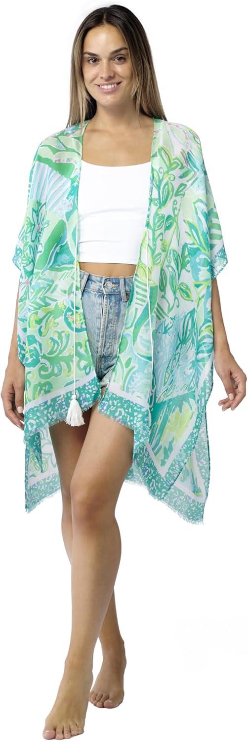 imageMELIFLUOS DESIGNED IN SPAIN Womens Beach Cover Up Swimsuit Kimono Pareo Sarong Beach Wear Dress for SummerMarbella Collection 4 Floral Design Green