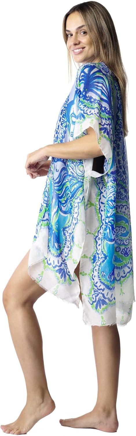 imageMELIFLUOS DESIGNED IN SPAIN Womens Beach Cover Up Swimsuit Kimono Pareo Sarong Beach Wear Dress for SummerMarbella Collection 5 Floral Design Blue and White