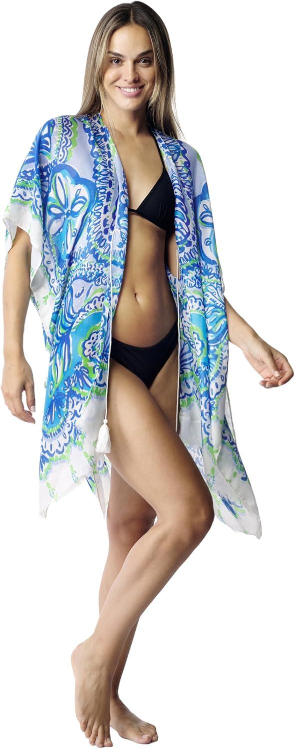 imageMELIFLUOS DESIGNED IN SPAIN Womens Beach Cover Up Swimsuit Kimono Pareo Sarong Beach Wear Dress for SummerMarbella Collection 5 Floral Design Blue and White