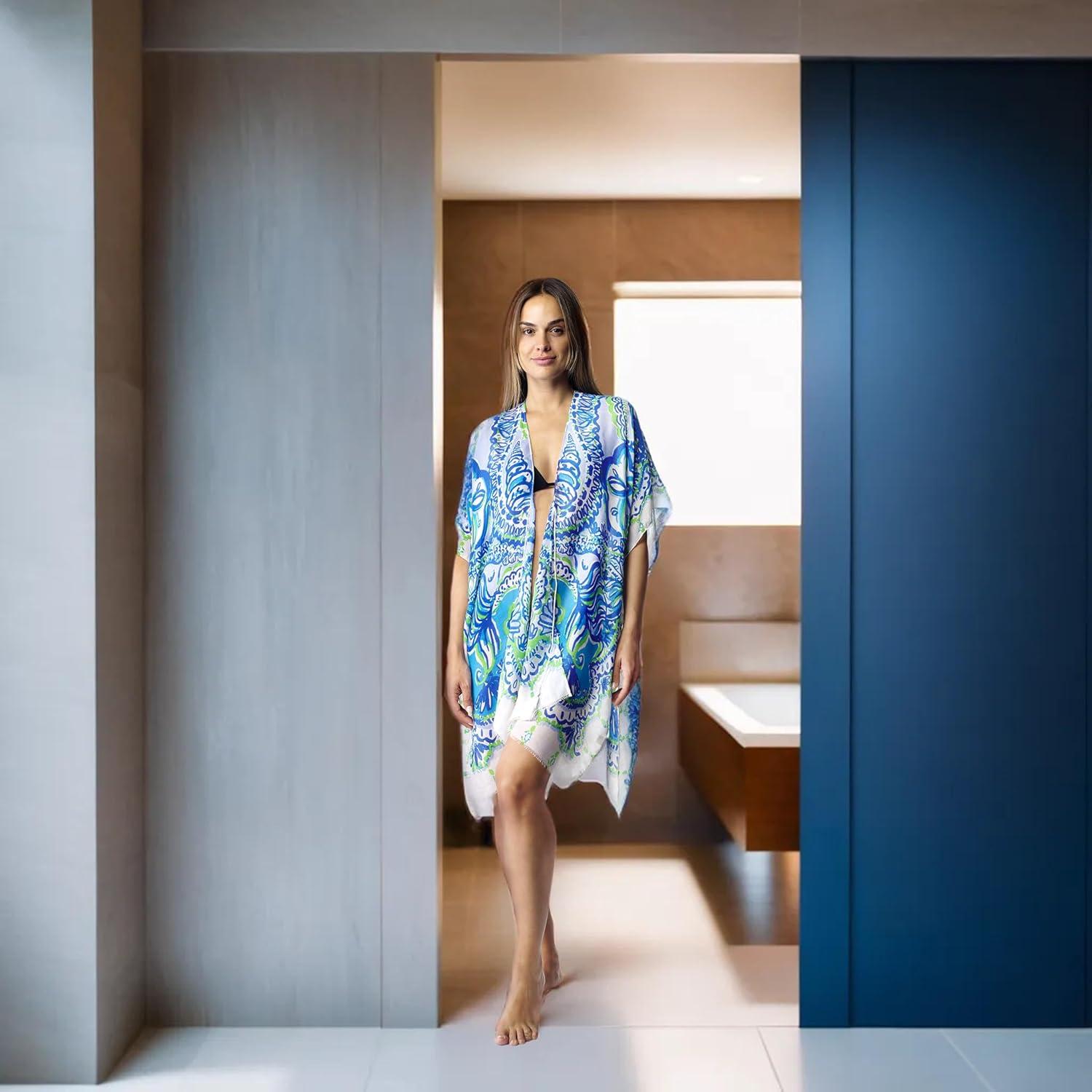 imageMELIFLUOS DESIGNED IN SPAIN Womens Beach Cover Up Swimsuit Kimono Pareo Sarong Beach Wear Dress for SummerMarbella Collection 5 Floral Design Blue and White