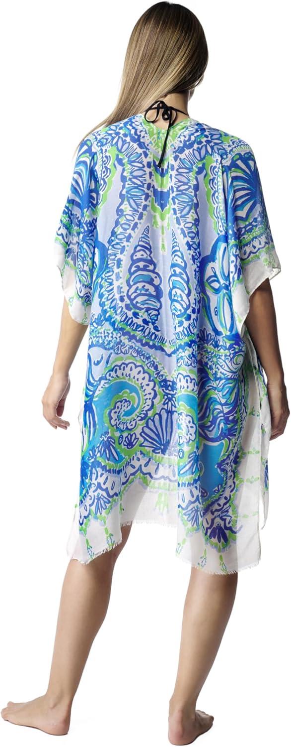 imageMELIFLUOS DESIGNED IN SPAIN Womens Beach Cover Up Swimsuit Kimono Pareo Sarong Beach Wear Dress for SummerMarbella Collection 5 Floral Design Blue and White