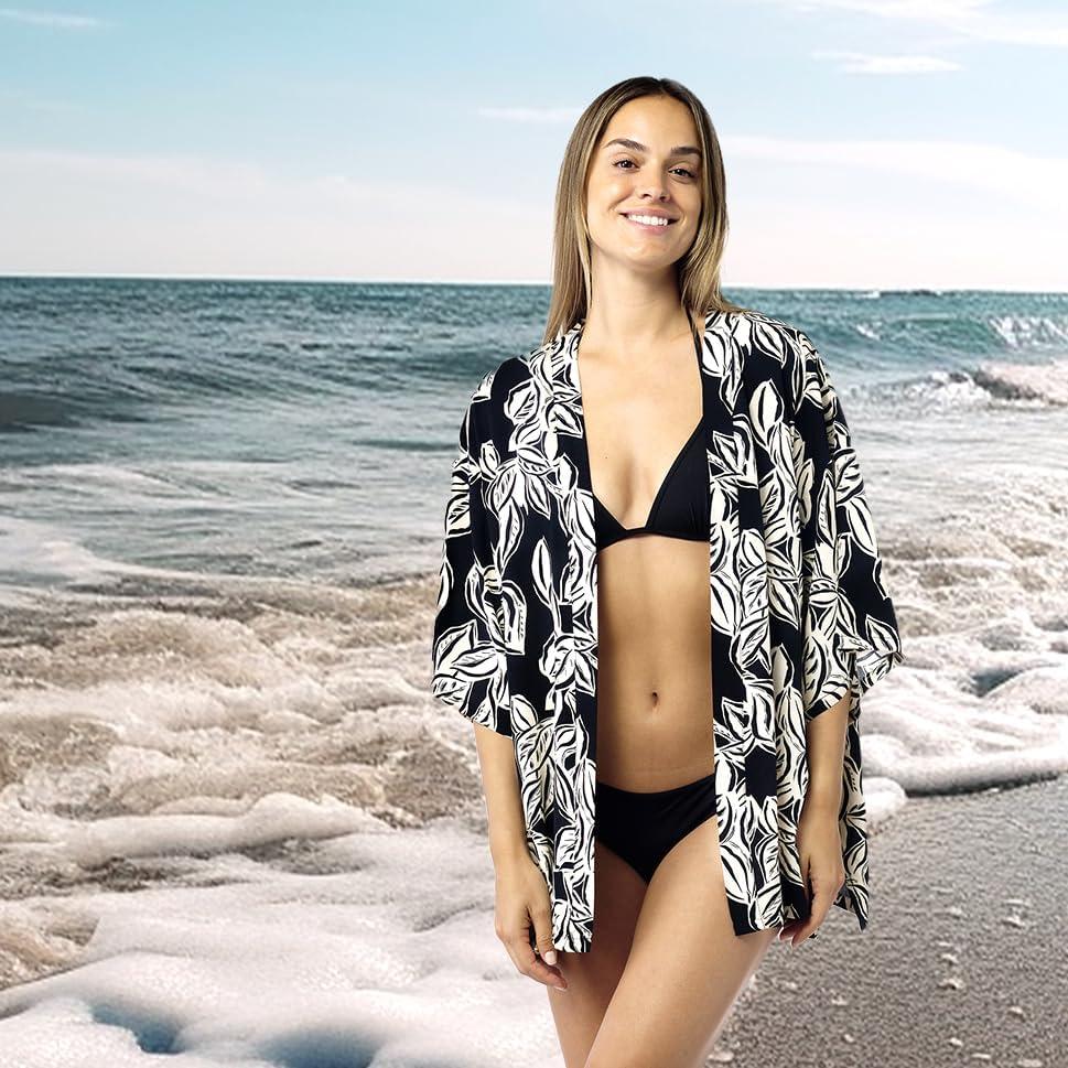 imageMELIFLUOS DESIGNED IN SPAIN Womens Beach Cover Up Swimsuit Kimono Pareo Sarong Beach Wear Dress for SummerRetiro Collection 5 Black White Leaves