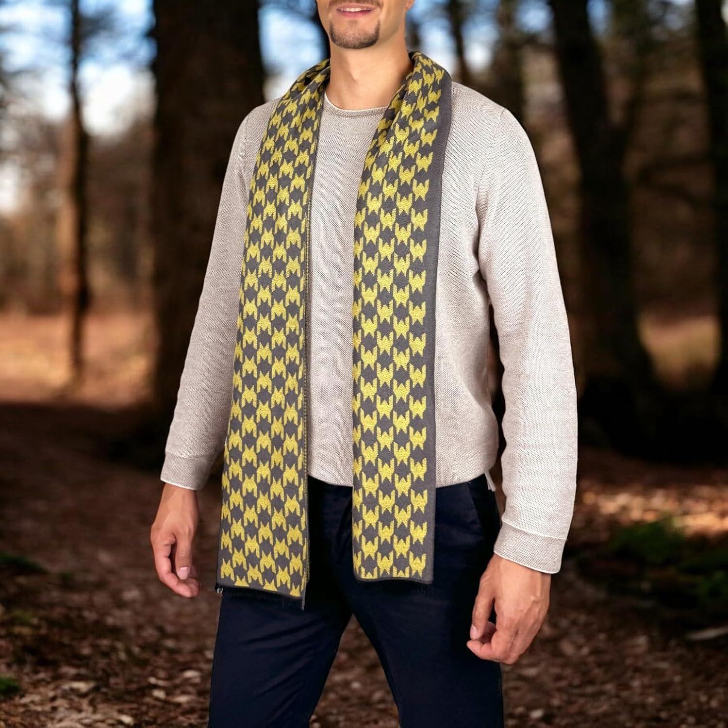imageScarf for Men Reversible Elegant Classic Cashmere Feel Scarves for Fall WinterSan Sebastian Collections 07 Gray and Yellow Geometric Design