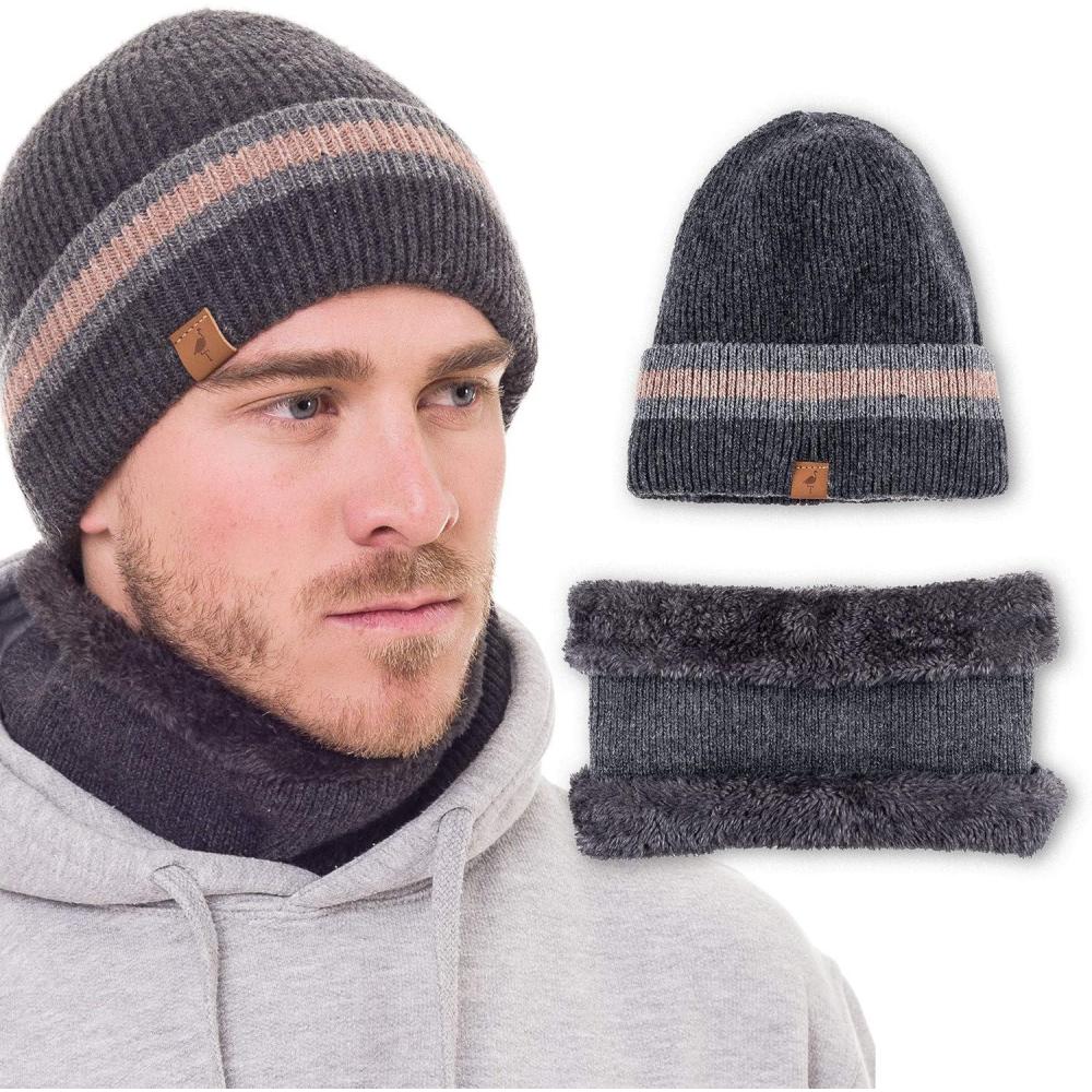 imageBeanie Neck Warmer Set with Wool Fleece Fur Scarf Gaitor Skull Cap Knit Hat Ski for Fall WinterGray