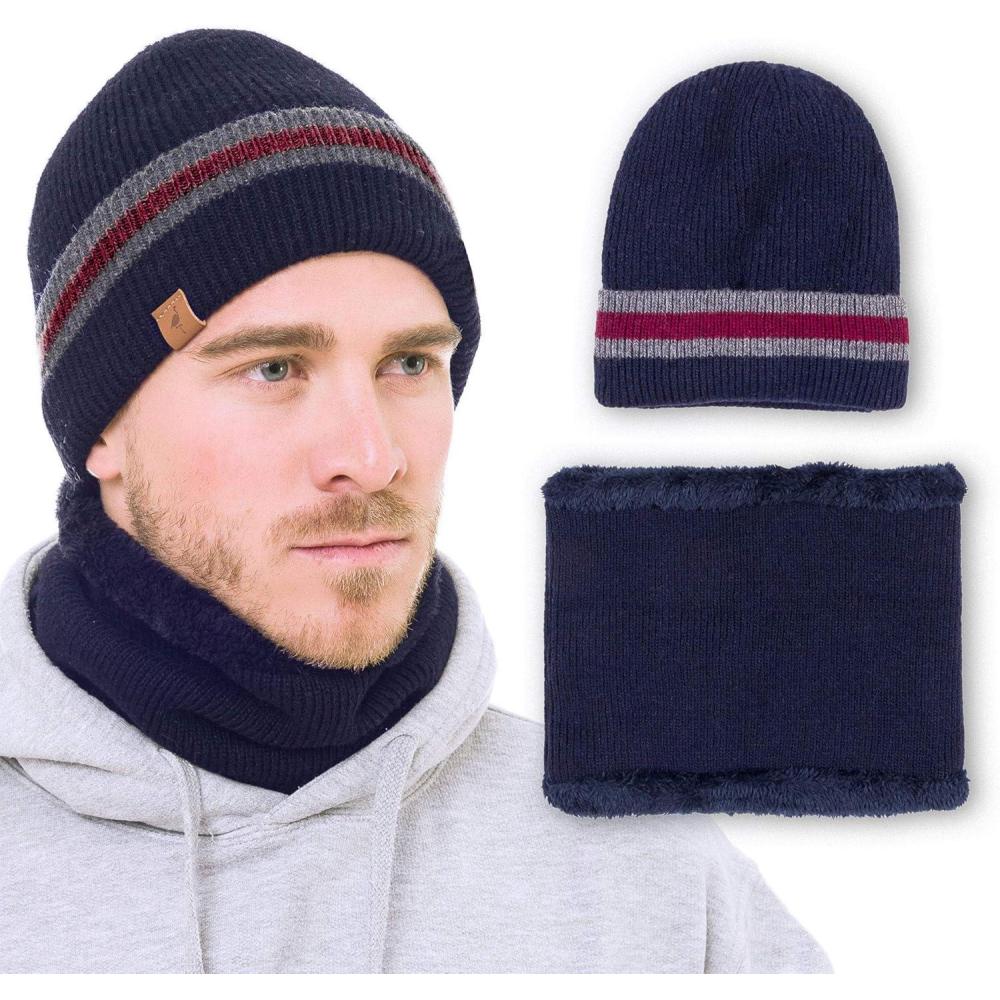 imageBeanie Neck Warmer Set with Wool Fleece Fur Scarf Gaitor Skull Cap Knit Hat Ski for Fall WinterNavy