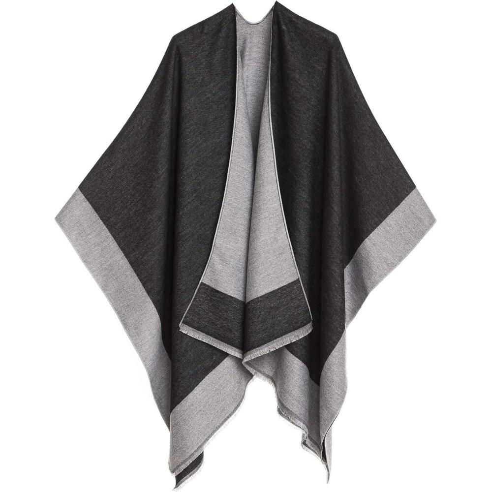 imageCardigan Poncho Cape Women Elegant Cardigan Shawl Wrap Sweater Coat for Fall WinterBorder Design Black and Gray