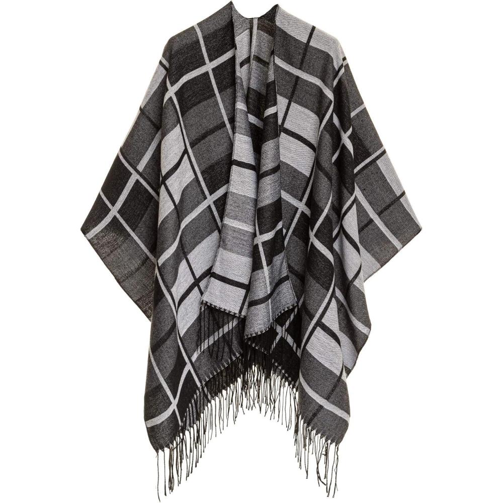 imageCardigan Poncho Cape Women Elegant Cardigan Shawl Wrap Sweater Coat for Fall WinterGeometric Design  Double Gray Plaid