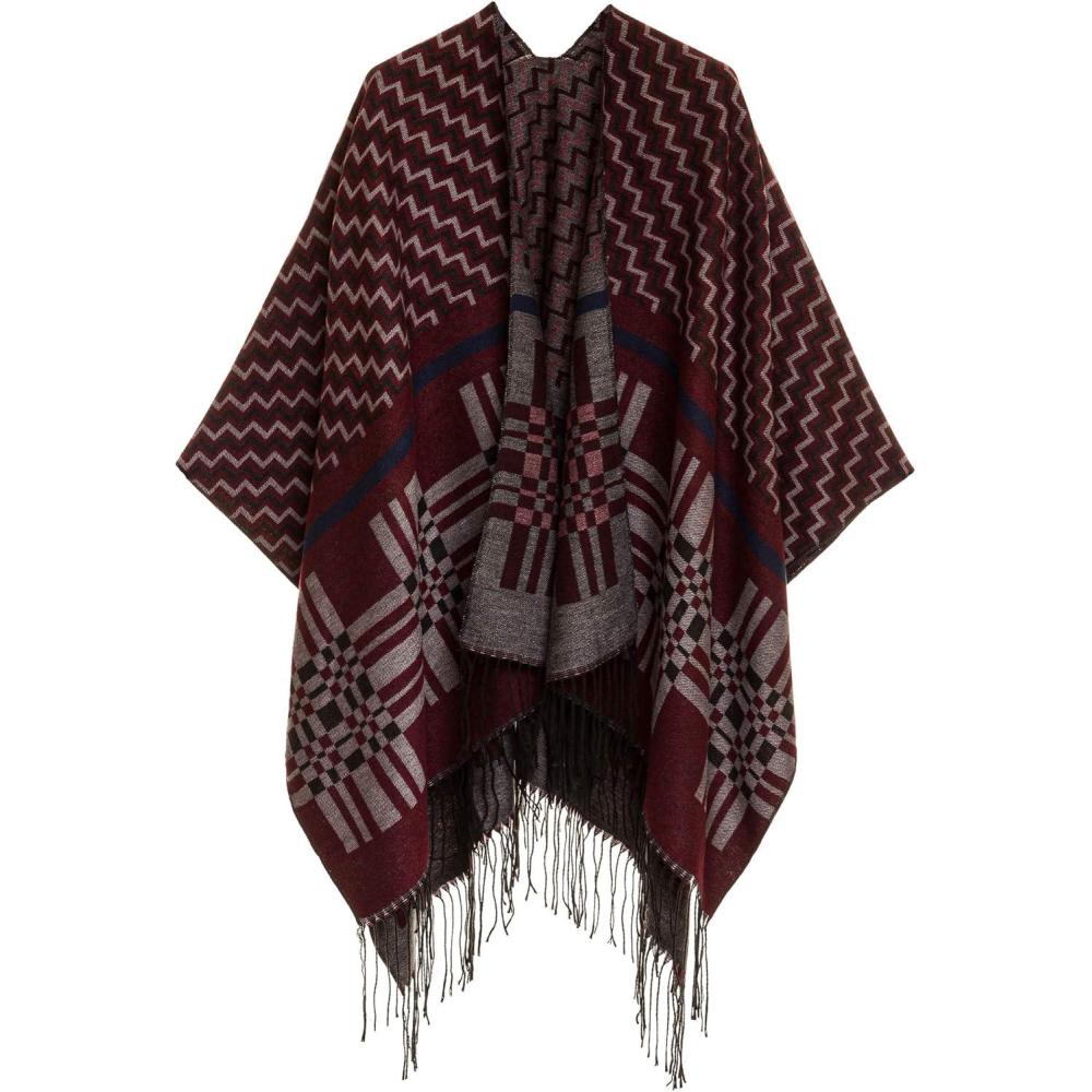 imageCardigan Poncho Cape Women Elegant Cardigan Shawl Wrap Sweater Coat for Fall WinterGeometric Design  Mulberry Zig Zag