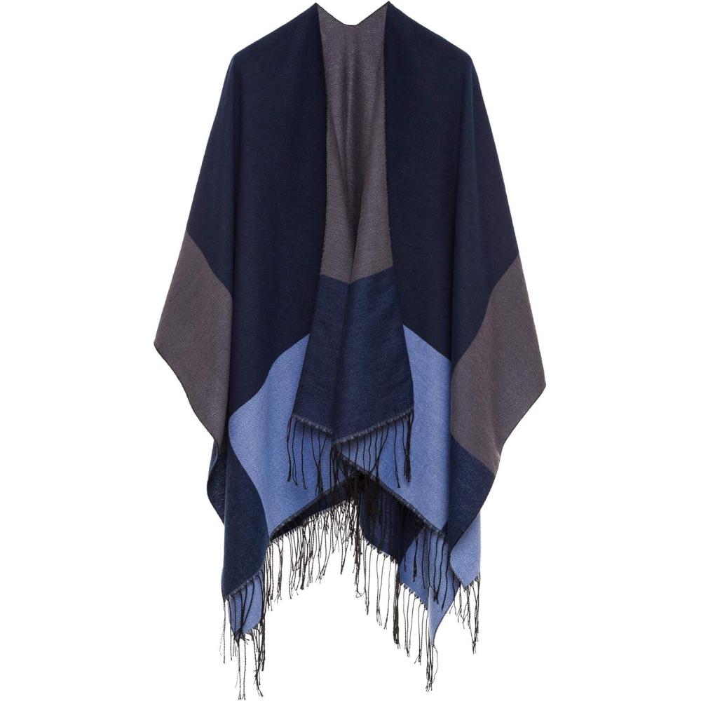 imageCardigan Poncho Cape Women Elegant Cardigan Shawl Wrap Sweater Coat for Fall WinterGeometric Design  Navy and Gray