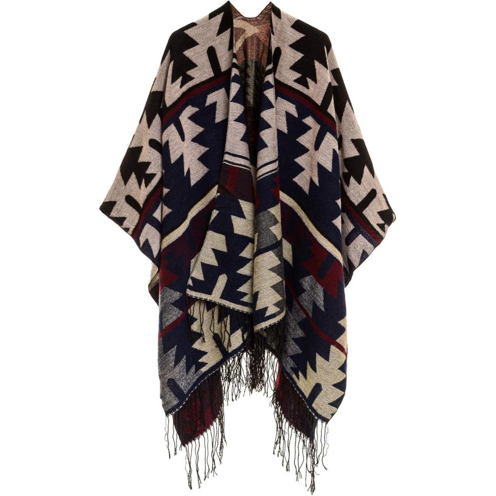 imageCardigan Poncho Cape Women Elegant Cardigan Shawl Wrap Sweater Coat for Fall WinterGeometric Design  White Brown