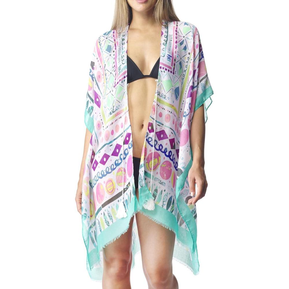 imageMELIFLUOS DESIGNED IN SPAIN Womens Beach Cover Up Swimsuit Kimono Pareo Sarong Beach Wear Dress for SummerMarbella Collection 2 Geometric Design Green White