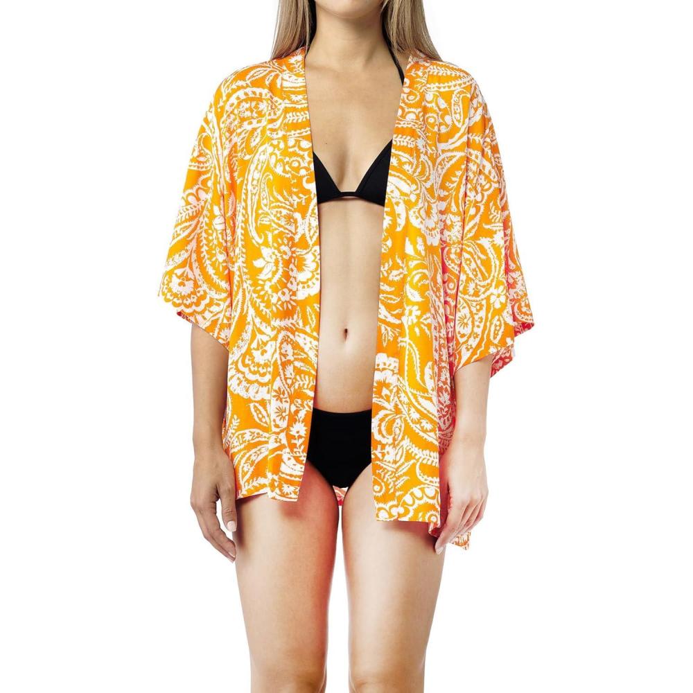 imageMELIFLUOS DESIGNED IN SPAIN Womens Beach Cover Up Swimsuit Kimono Pareo Sarong Beach Wear Dress for SummerRetiro Collection 2  Orange Paisley
